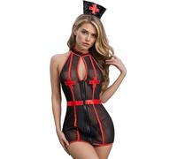 QYYZTQY Nurse Costume Women Halter See Through Lingerie Mesh Naughty Nurse Outfits Zipper Uniform with Headpiece G-String