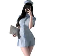 QYYZTQY Nurse Lingerie for Women Dress Costume Outfit Uniform Cosplay Anime Short Roleplay Seductive Babydoll Button Perfect for Halloween Party Hat Headpiece Bodysuit Set with Headband Blue