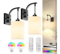 QYYZTQY Operated Wall Sconces Set of 2 - Black Rechargeable Wall Sconces with Remote &, Indoor Not Hardwired Wall Lights, 15 Colors Dimmable Cordless Wall Lamps for Living Room Bedroom Hallway