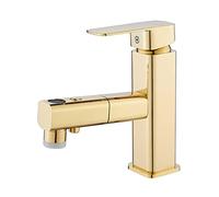 QYYZTQY out Hole Bathroom Faucet with 3 Modes Pull Down Sprayer, Single Lever Hot and Cold Water Sink Brass Mixer taps Gold,Short