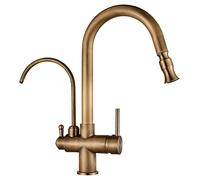 QYYZTQY Pull out Drinking Filter in Antique Sink Faucet Swivel Cold and Hot Water Kitchen Mixer Tap with 2 Handles Shower Head