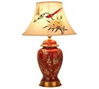 QYYZTQY Red Ceramic Table Lamp Chinese Porcelain Ginger Jar Table Lamp Embroidered Bird Flower Shade Vintage Farmhouse Bedside Lamp for Nightstand Desk Bedroom Living Room Home Office