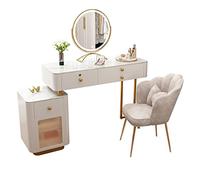 QYYZTQY Retractable Makeup Dressing Table with Nightstand, Round Mirror Spacious Drawers For Girls and Women's Bedroom Va,Backrest Chair,100cm