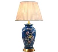 QYYZTQY Rustic Coastal Table Lamp Ceramic Jar Navy Blue Floral Porcelain Table Lamp Green Bird Flower Bedside Lamp Vintage Retro End Nightstand Light for Bedroom Living Room Farmhouse Home