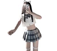 QYYZTQY Sailor Outfit for Women Cosplay Costume Lingerie Roleplay Schoolgirl Babydoll Anime Navy JK Uniform Blouse Dress Top Tie Plaid Skirt Thong Set Blue