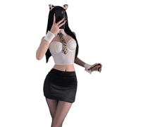 QYYZTQY Secretary Outfit for Women Lingerie Cute Cat Cosplay Costume OL Uniform Office Teacher Babydoll Dress Anime Roleplay Ears Leopard Tie Top Skirt Thong Set White Black