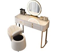 QYYZTQY Set Illuminated dimmable Mirror 3-Color Touchscreen, Additional Storage Organizer, Sturdy Steel Legs, Dressing Table for The Bedroom with Padded Stool