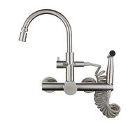 QYYZTQY Sink Tap Wall Mount with Spray 2 Types of sprinklers, Faucet Stainless Steel, Rotating Hot and Cold Kitchen Faucet-Brushed-A