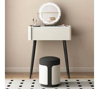 QYYZTQY Slate Makeup Vanity Set Microfiber Leather Desk Rotatable Mirror and Cushioned Stool Narrow Dressing Table with Metal Legs,Off,White,70cm/27.5in