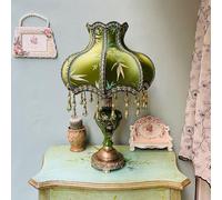 QYYZTQY Small Table Lamp Victorian Style Green Table Lamp Embroidered Floral Shade Farmhouse Vintage Bedside Lamp Retro Rustic End Nightstand Lamp for Bedroom Living Room Home House Office