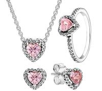 QYYZTQY Sterling Ring Necklace Earrings Fashion Diamond Heart Pink Set Fit Bracelet Jewelry Gift