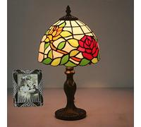 QYYZTQY Style Table Lamp for Bedroom, Lampshade in Stained Glass with Green Leaves and Red Pink, Reading Office Lamp, Gifts Warm as Ever