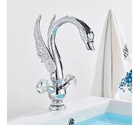 QYYZTQY Swan Shape Soild Brass Vanity Dual Handle Deck Mount Bathroom Sink Faucet Hot Cold Water Mixer Tap,Gold(Chrome)