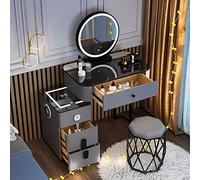 QYYZTQY Table,Dressing 3-Color Illuminated Mirror, Dressing Table with Wireless Charging Station, Speaker, 5 Drawers, Stool/Grey -Cloud Mirror/L-60Cm,Grey,Round Mirror,L,70Cm