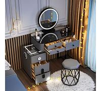 QYYZTQY Table,Dressing 3-Color Illuminated Mirror, Dressing Table with Wireless Charging Station, Speaker, 5 Drawers, Stool/Grey -Cloud Mirror/L-60Cm,Grey,Round Mirror,L,80Cm