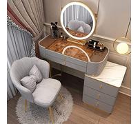 QYYZTQY Table,Large with Illuminated Mirror, Padded Stool and Side Cabinet, Dressing Table, Chest of Drawers, Make-Up Set, Gold-Coloured Stainless Steel Legs,Grau