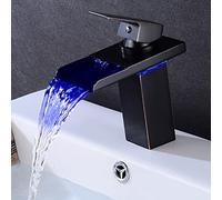 QYYZTQY Tap Brass Basin Faucet with Colour Changing led Light Bathroom Waterfall Sink taps, Single Handle 1 Hole Hot and Cold Water Mixer,Black,Short