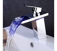 QYYZTQY Tap Brass Hot Cold Mixer Faucet, Colour Changing led Light Bathroom Sink taps, Single Handle i Hole Waterfall Basin Mixer,Chrome,Short