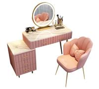 QYYZTQY Touch Screen Vanity Table with 3Color Mirror Pink Dressing Desk & Upholstered Stool 100cm/39.4in Makeup Table for Bedroom Stylish Makeup Station