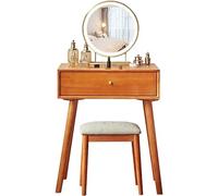 QYYZTQY Vanity Makeup Table with Lighted Mirror Ergonomic Padded Stool Rubber Wood Dressing Set Stylish Makeup Desk for Beauty Enthusiasts