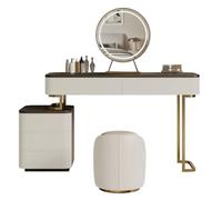 QYYZTQY Vanity Table Set, 3-Color Touch Screen Dimmable Mirror, 3 Drawers Side Cabinet, Gold-Plated Stainless Steel Legs, with Cushioned Stool Bedroom Dressing Table,White,47x17.7x29.5in