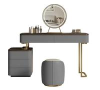 QYYZTQY Vanity Table Set, 3-Color Touch Screen Dimmable Mirror, 3 Drawers Side Cabinet, Gold-Plated Stainless Steel Legs, with Cushioned Stool Bedroom Dressing Table,Grey,39.3x17.7x29.5in