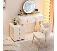 QYYZTQY Vanity Table with 3-Color Adjustable Brightness Mirror Padded Stool & 6 Solid Wood Drawers - Ultimate Makeup Station for Women‘s Bedroom & Beauty Routine