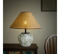 QYYZTQY Vintage Ceramic Pot Table Lamp Distressed Olive Green Blue Mid Century Table Lamp Woven Rattan Shade Rustic Farmhouse Bedside Nightstand Lamp for Bedroom Living Room Home Office