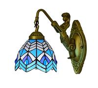QYYZTQY Wall Blue Mediterranean Style Wall Lamp Stained Glass Lampshade with Mermaid Lamp Arm Wall Light Fixtures for Patio, Stairs, Hallway, Living Room, Bedroom