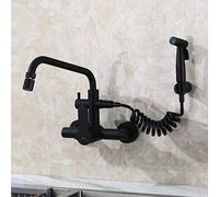 QYYZTQY Wall Mount Kitchen faucets, Spray, Double-Hole, Black, 304 Stainless Steel, Sink, Laundry Pool, Wall-Mounted,Hot Water Faucet-Big Bend(Seven-Word Tube Swinging Mouth)