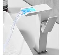 QYYZTQY Waterfall Tap led, taps for Basin Brass, 3 Colors Changing Bathroom Faucet, Handle Single Hole Cold and Hot Water Mixer Vanity Sink Tap,White,High