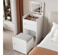 QYYZTQY White Makeup Vanity Set 3 Color Touch Screen Dimming Mirror and Drawers Wooden Dressing Table for Bedroom with Upholstered Stool,White,One Size