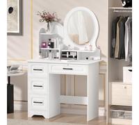 QYYZTQY White Round Vanity with Lights Mirror Drawers Stool and Open Shelves Makeup Desk Bedroom Dorm Elegant Dressing Table for Home Glamour