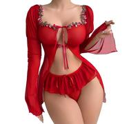 QYYZTQY Women Babydoll Lingerie Front Closure See Through Mesh Floral Nightdress Flared Long Sleeve Ruffle Chiffon Dress Pajama