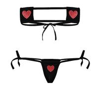 QYYZTQY Women Bikini Kawaii Heart Embroidery Bandeau Swimsuit Tiny String Sliding Top Tie Side Thong Anime Lingerie Set