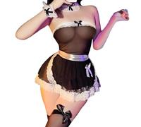 QYYZTQY Women Maid Costume Tube Top Dress Sheer Mesh Lace Maid Outfit See Through Servant Naughty Cute Babydoll