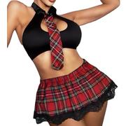 QYYZTQY Women Plaid Skirt Costume Plus Size Student Outfits Maid Nurse Lingerie with Necktie (Black+Red, S)