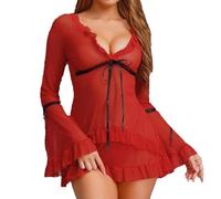 QYYZTQY Women Sheer Dress Bell Sleeve Babydoll Nightdress See Through Lingerie Mesh Chiffon Dress Ruffle Teddy Sleepwear
