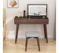 QYYZTQY Wooden Makeup Vanity Set with 3 Color Flip Top Mirror Drawer and Cushioned Stool Dressing Table for Bedroom,Brown,23.6x15.7x29.9in