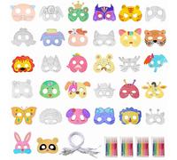 Qzakce Mascarillas de Animales DIY Máscara para Colorear en Blanco con Cuerdas Elásticas y Bolígrafos de Color para Halloween Carnaval Cosplay Cumpleaños Fiestas 32 Piezas