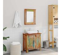 QZZCED Armario Tocador de Baño con Espejo de Madera Maciza Reciclada Estilo Antiguo y Marco de Madera, Mueble de Almacenamiento con 2 Estantes Interiores y Agujero para Lavabo,