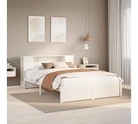 QZZCED Cama con Estantería sin Colchón de Madera Maciza Blanca 160x200 cm, Estructura de Pino Sólido con Somier de Láminas y Espacioso Cabecero de Almacenamiento para Dormitorio