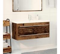 QZZCED Gabinete de Lavabo con Recipiente y cajón 2 pcs Madera Vieja Estilo rústico - Mueble de baño con Lavabo Integrado de cerámica Blanca, diseño montado en Pared para Ahorro