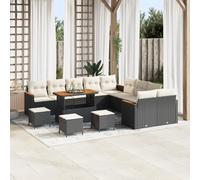 QZZCED Juego de 14 sofás de jardín con cojines de polirratán negro de acacia para balcón, muebles de salón para patios