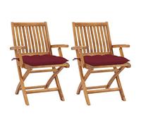 QZZCED Juego de 2 Sillas de Jardín Plegables de Madera de Teca con Cojines Rojo Tinto, Sillas Exteriores Resistentes a la Intemperie y Duraderas para Terraza, Patio o Cafetería,