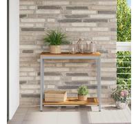 QZZCED Mesa de Exterior con Estante Natural y Gris 80 x 35 x 75 cm, Mesa Consola de Madera de Acacia Sólida y Marco de Acero Resistente para Patio o Jardín, Revestimiento UV, Amplio