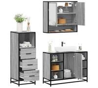 QZZCED Set de Muebles de baño 3 Piezas Madera contrachapada Gris Sonoma con Espejo, estantería de Almacenamiento y Estructura metálica Resistente a la Humedad | Material Duradero