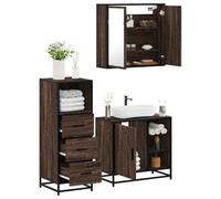 QZZCED Set de Muebles para Baño 3 Piezas Madera Contrachapada Roble Marrón con Espejo y Estantería, Estructura Metálica Resistente a la Humedad, Amplio Almacenamiento para Artículos