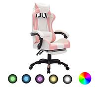 QZZCED Silla Gaming con Luces LED RGB Rosa y Blanco Cuero Sintético Reclinable 360° Giratoria Reposapiés Retráctil Ajustable en Altura para Oficina y Juegos Control Remoto