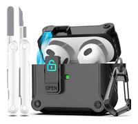 R-fun Compatible con AirPods 3ª Generación 2021 Funda de Carga, Protección Total contra caídas Auto Pop-Up Tapa Compatible con Apple Airpods 3 Gen Funda con Kit de Limpieza y Llavero,Negro